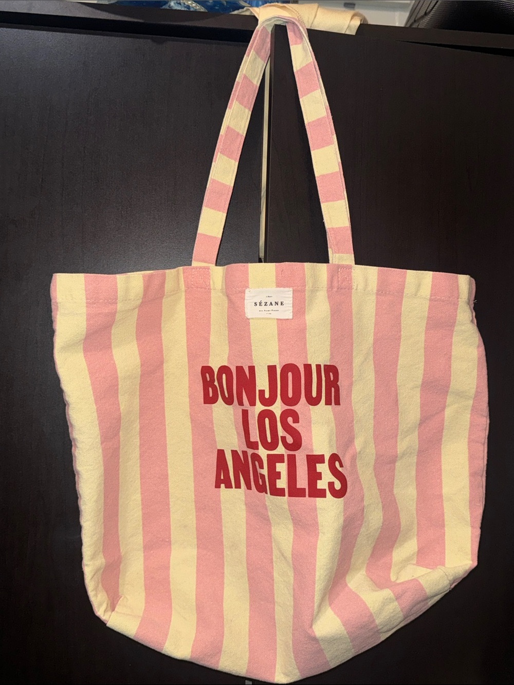 Sezane Pink & Cream Stripe Tote with Red 'BONJOUR LOS ANGELES' Print